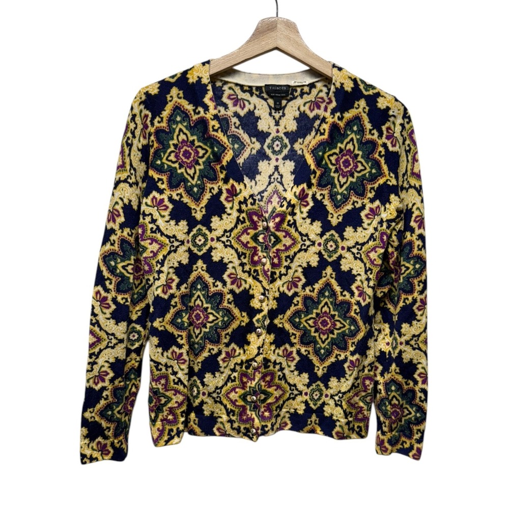 Talbots Cardigan Sweater M Pure Merino Wool‎ Artsy Floral Geometric Gold Button
